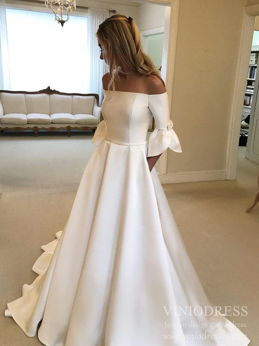 Simple Minimalist Wedding Dresses with Pocket Flare Sleeve Satin Bridal Gown VW1542-wedding dresses 2025 -Viniodress-Ivory-Custom Size-