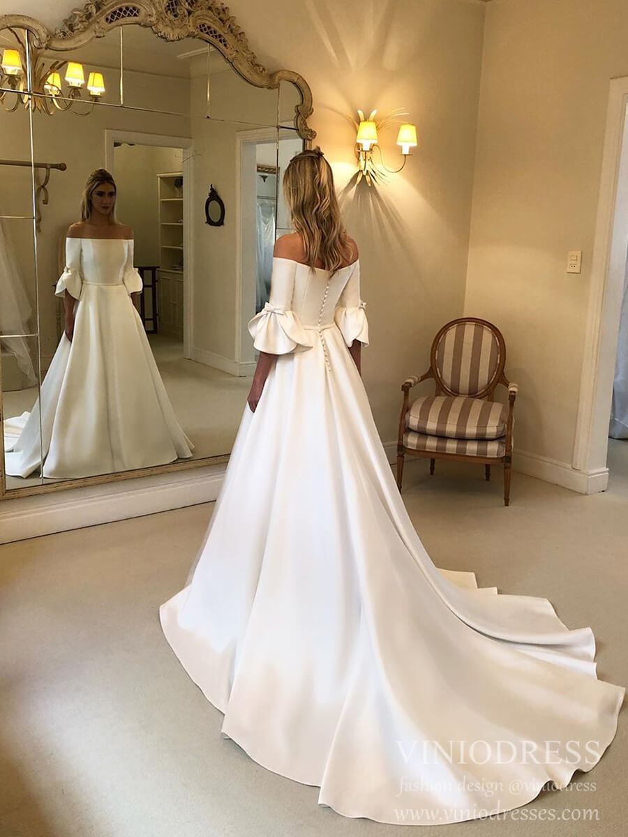 Simple Minimalist Wedding Dresses with Pocket Flare Sleeve Satin Bridal Gown VW1542-wedding dresses 2025 -Viniodress-Ivory-Custom Size-