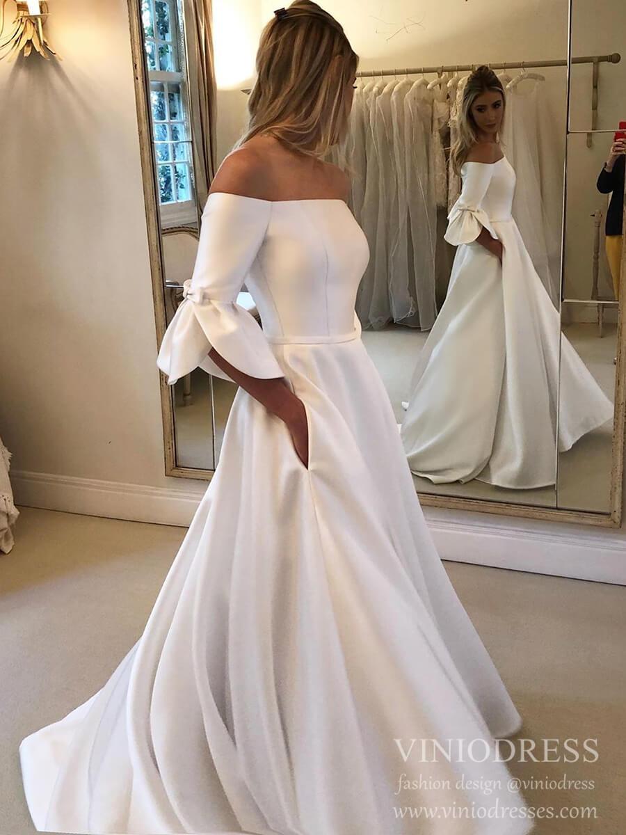 Simple Minimalist Wedding Dresses with Pocket Flare Sleeve Satin Bridal Gown VW1542-wedding dresses 2025 -Viniodress-Ivory-Custom Size-