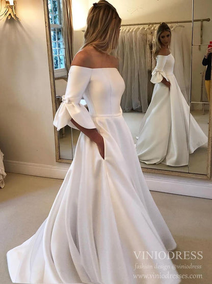 Simple Minimalist Wedding Dresses with Pocket Flare Sleeve Satin Bridal Gown VW1542-wedding dresses 2025 -Viniodress-Ivory-Custom Size-