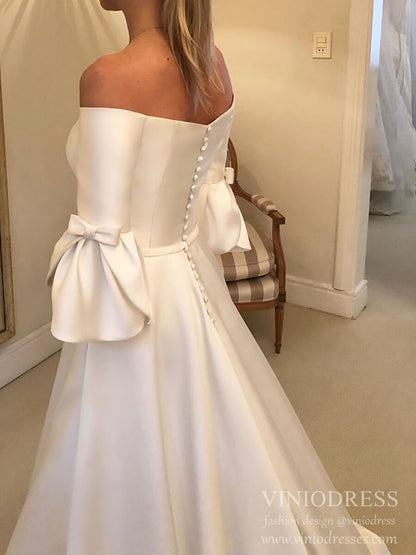 Simple Minimalist Wedding Dresses with Pocket Flare Sleeve Satin Bridal Gown VW1542-wedding dresses 2025 -Viniodress-Ivory-Custom Size-