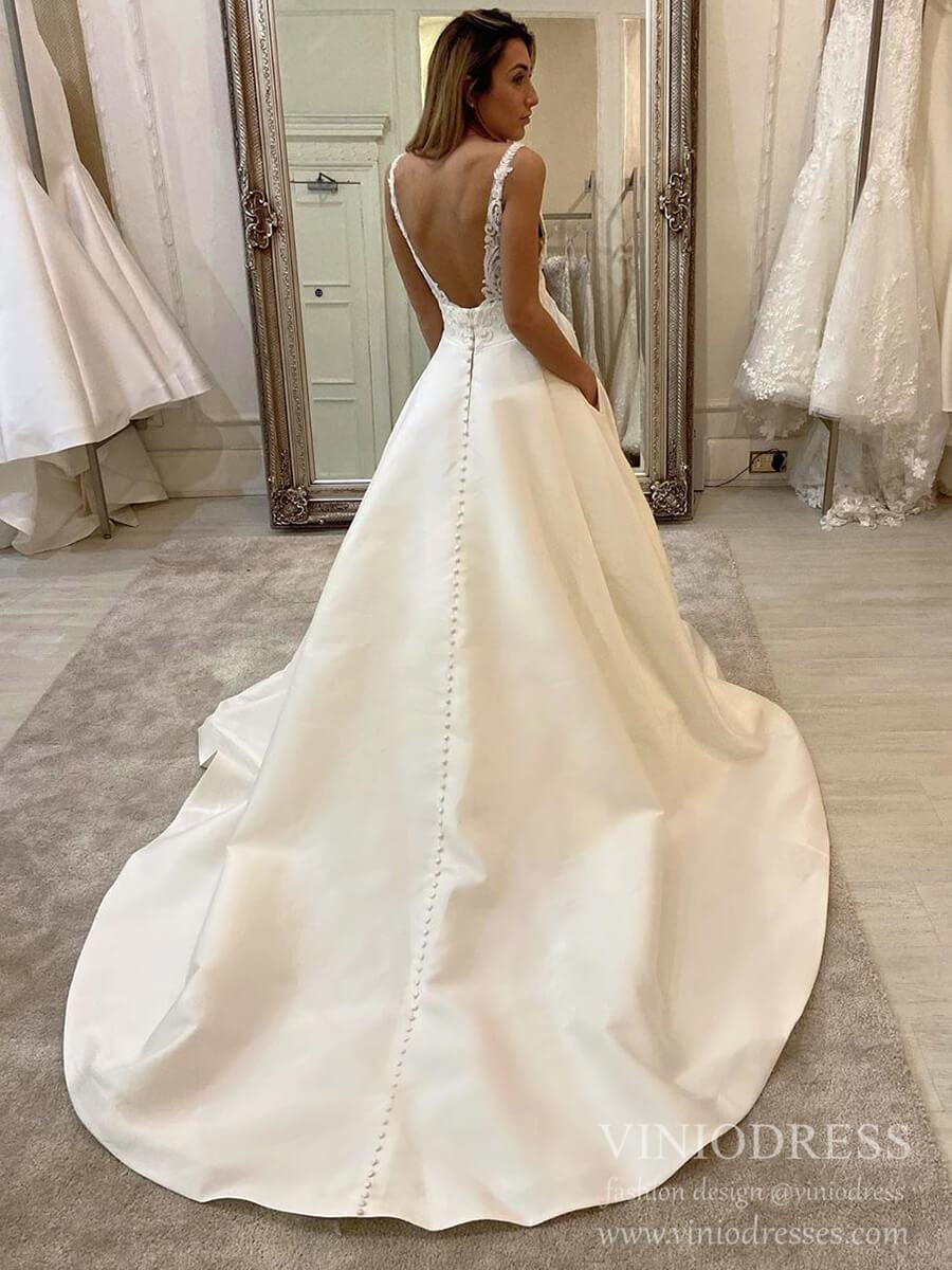 Simple Minimalist Wedding Dresses with Pocket Satin Bridal Gown VW1550-wedding dresses 2025 -Viniodress-Ivory-Custom Size-