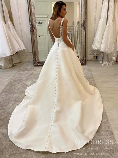 Simple Minimalist Wedding Dresses with Pocket Satin Bridal Gown VW1550-wedding dresses 2025 -Viniodress-Ivory-Custom Size-