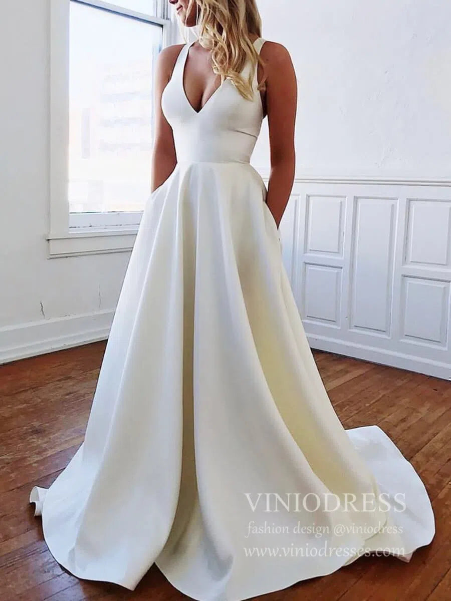 Simple Minimalist Wedding Dresses with Pockets & Bow VW1446-wedding dresses 2025 -Viniodress-Ivory-Custom Size-
