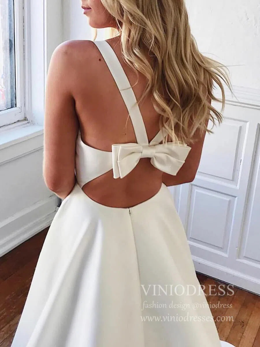 Simple Minimalist Wedding Dresses with Pockets & Bow VW1446-wedding dresses-Viniodress-Viniodress