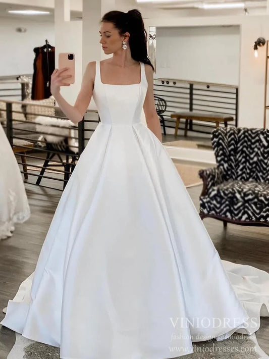 Simple Minimalist Wedding Dresses with Pockets Square Neck Bridal Gown VW1559-wedding dresses 2025 -Viniodress-Ivory-Custom Size-