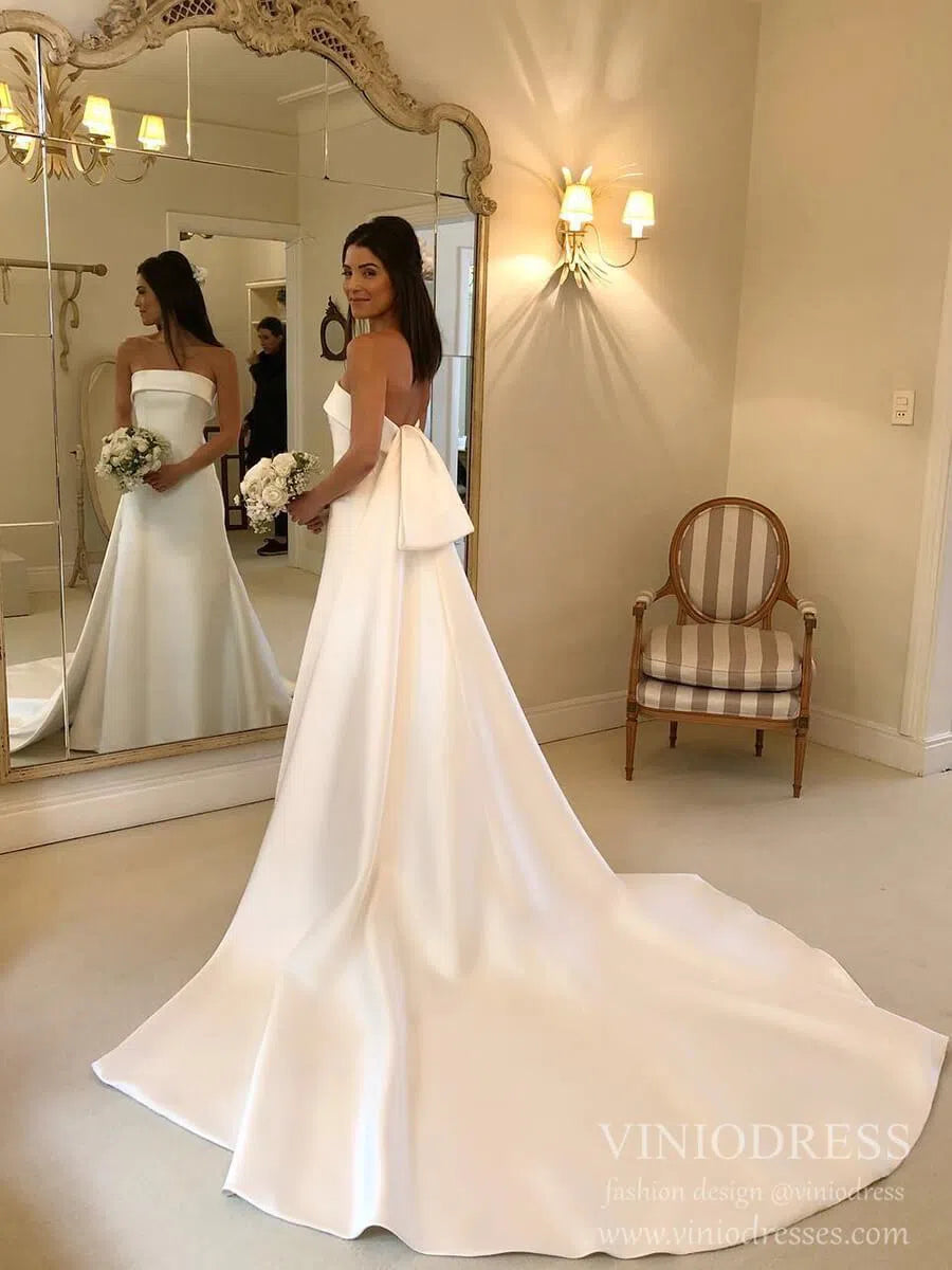 Simple Minimalist Wedding Dresses with Train Strapless Satin Bridal Gown VW1540-wedding dresses 2025 -Viniodress-Ivory-Custom Size-