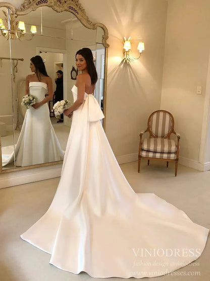 Simple Minimalist Wedding Dresses with Train Strapless Satin Bridal Gown VW1540-wedding dresses 2025 -Viniodress-Ivory-Custom Size-