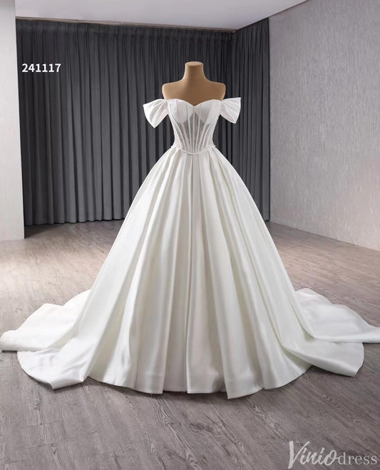 Simple Modern Satin Balll Gown Wedding Dresses Off the Shoulder 241117-wedding dresses 2025 -Viniodress-Ivory-Custom Size-
