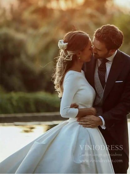 Simple Modest Ball Gown Wedding Dresses with 3/4 Sleeves VW1398-wedding dresses 2025 -Viniodress-Ivory-Custom Size-