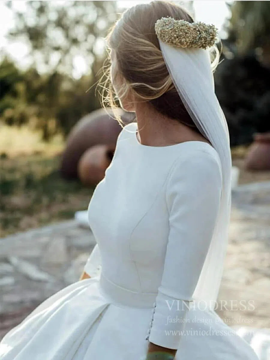 Simple Modest Ball Gown Wedding Dresses with 3/4 Sleeves VW1398-wedding dresses-Viniodress-Viniodress