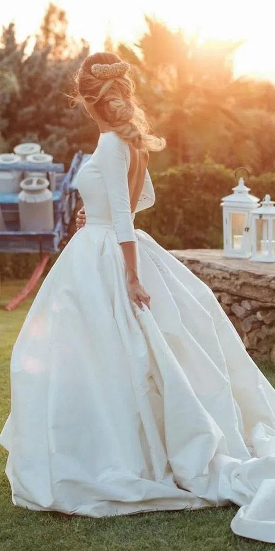 Simple Modest Ball Gown Wedding Dresses with 3/4 Sleeves VW1398-wedding dresses-Viniodress-Ivory-Custom Size-Viniodress