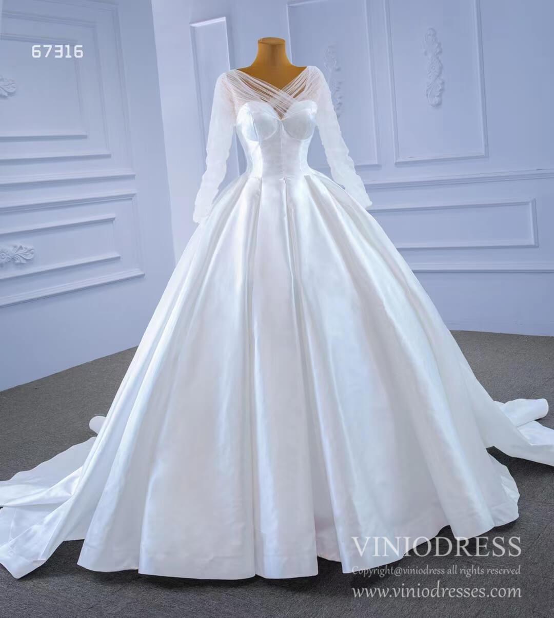 Simple Modest Satin Wedding Gown with Long Sleeves Viniodress 67316-wedding dresses 2025 -Viniodress-As Picture-Custom Size-