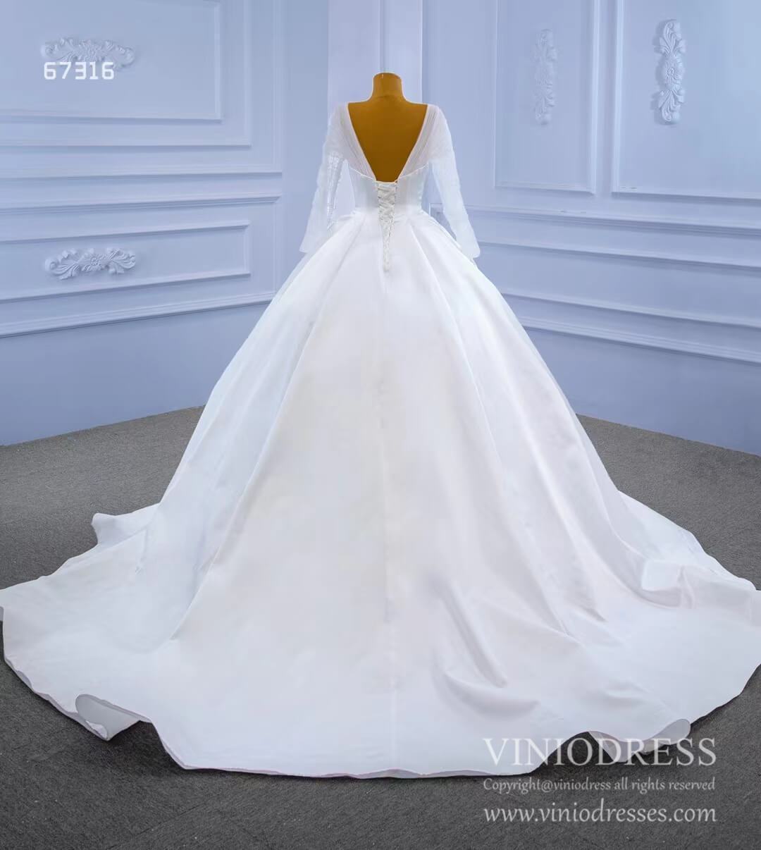 Simple Modest Satin Wedding Gown with Long Sleeves Viniodress 67316-wedding dresses-Viniodress-Viniodress