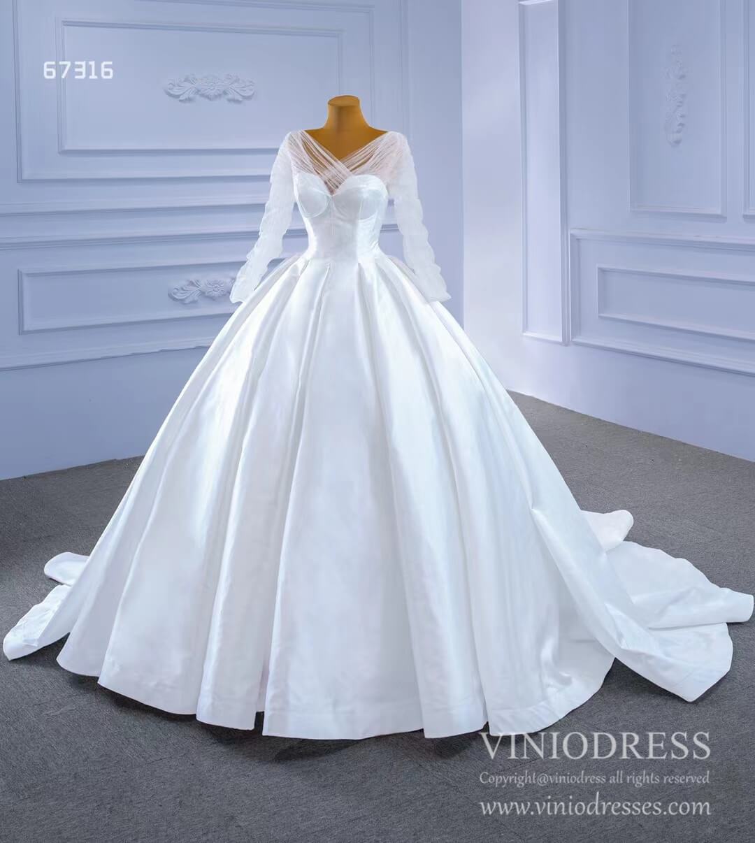 Simple Modest Satin Wedding Gown with Long Sleeves Viniodress 67316-wedding dresses-Viniodress-Viniodress