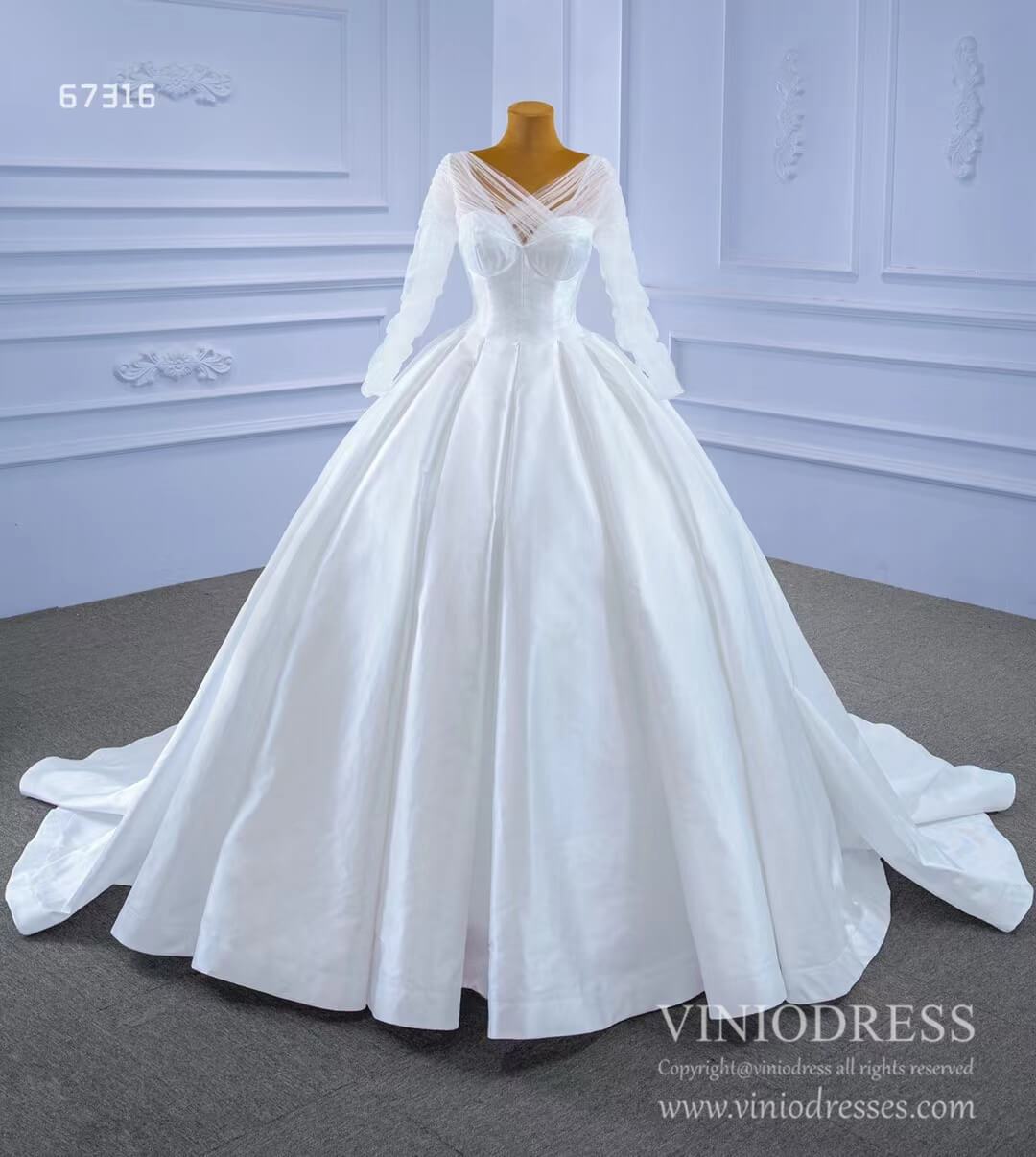 Simple Modest Satin Wedding Gown with Long Sleeves Viniodress 67316-wedding dresses-Viniodress-Viniodress