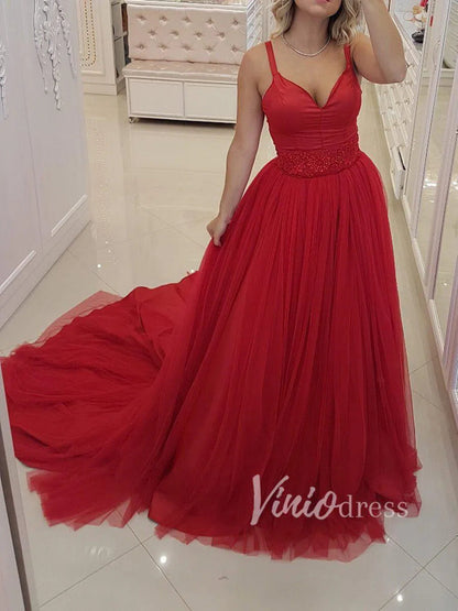 Simple Navy Blue Prom Dresses V Neck Tulles Military Gowns FD1321-prom dresses 2025 -Viniodress-Red-Custom Size-