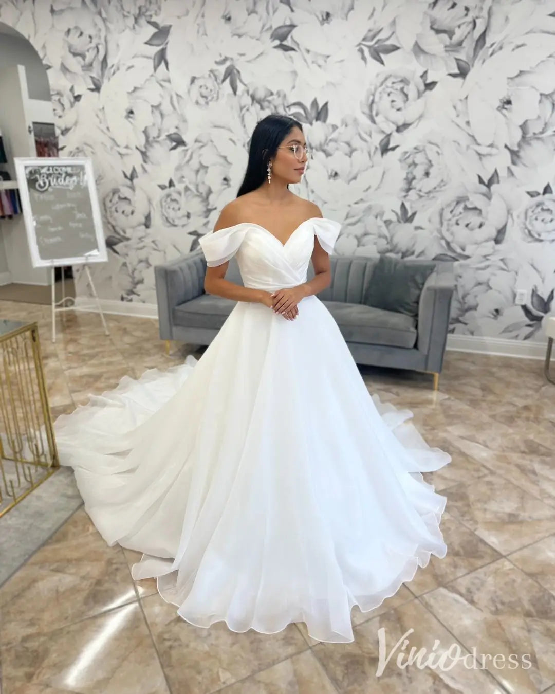 Simple Off Shoulder Organza Wedding Dress Plus Size with Chapel Train, Ruched Bodice – MS108-wedding dresses 2025 -Viniodress-Ivory-Custom Size-