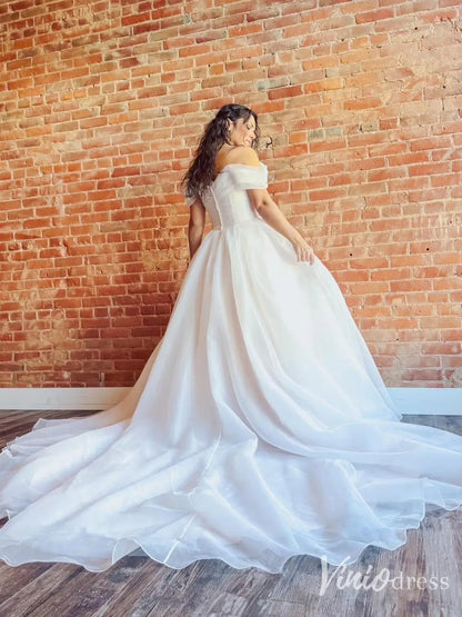 Simple Off Shoulder Organza Wedding Dress Plus Size with Chapel Train, Ruched Bodice – MS108-wedding dresses 2025 -Viniodress-Ivory-Custom Size-