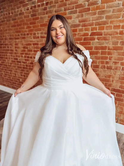 Simple Off Shoulder Organza Wedding Dress Plus Size with Chapel Train, Ruched Bodice – MS108-wedding dresses 2025 -Viniodress-Ivory-Custom Size-