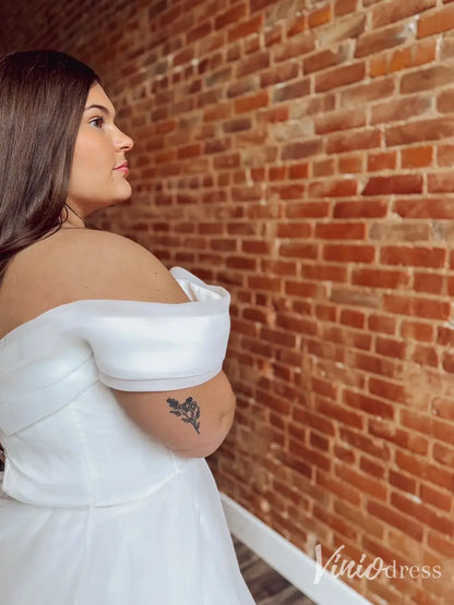 Simple Off Shoulder Organza Wedding Dress Plus Size with Chapel Train, Ruched Bodice – MS108-wedding dresses 2025 -Viniodress-Ivory-Custom Size-
