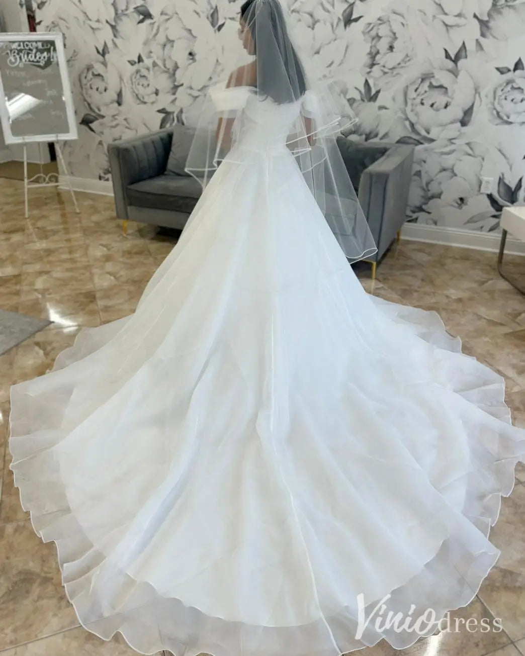 Simple Off Shoulder Organza Wedding Dress Plus Size with Chapel Train, Ruched Bodice – MS108-wedding dresses 2025 -Viniodress-Ivory-Custom Size-