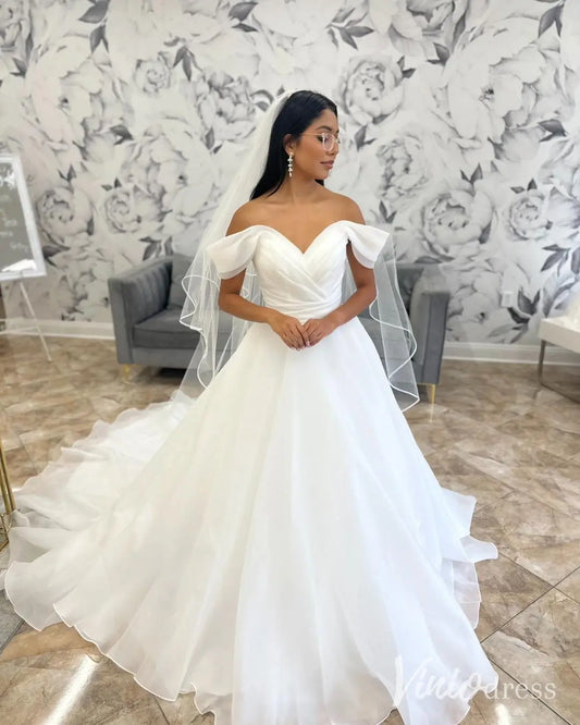 Simple Off Shoulder Organza Wedding Dress Plus Size with Chapel Train, Ruched Bodice – MS108-wedding dresses 2025 -Viniodress-Ivory-Custom Size-