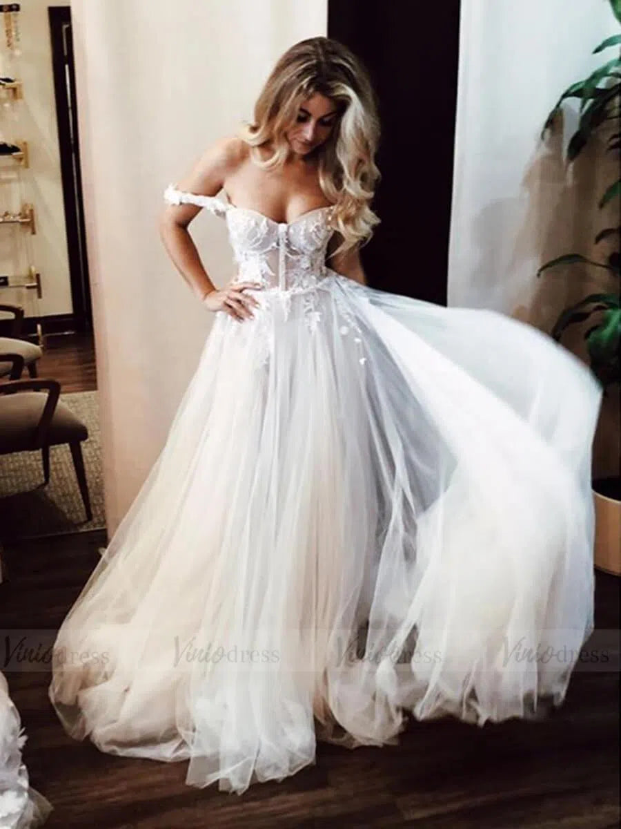 Cheap Simple Off the Shoulder Beach Wedding Dresses VW1300-wedding dresses-Viniodress-As Picture-Custom Size-Viniodress