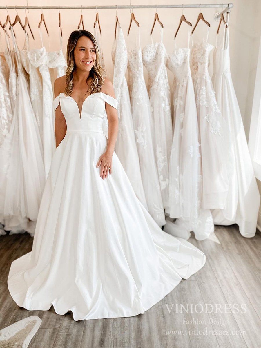 Simple Off the Shoulder Satin Wedding Dresses Chapel Train VW1843-wedding dresses-Viniodress-Viniodress