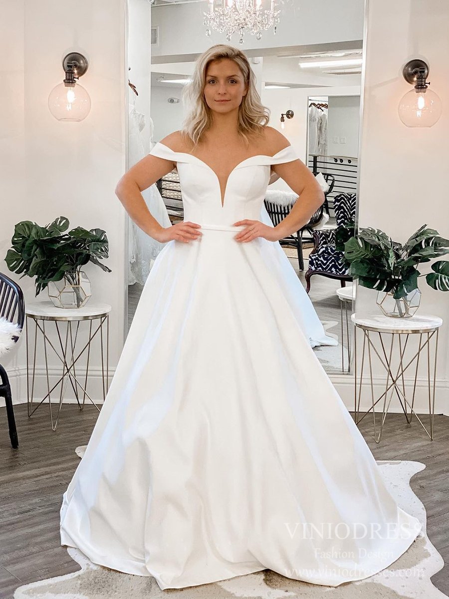 Simple Off the Shoulder Satin Wedding Dresses Chapel Train VW1843-wedding dresses-Viniodress-Ivory-Custom Size-Viniodress