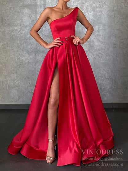 Simple One Shoulder Red Satin Prom Dresses with Pockets FD2274-prom dresses 2025 -Viniodress-Red-Custom Size-