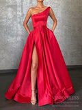 Prom Dress 2025 Simple One Shoulder Red Satin Prom Dresses with Pockets FD2274-unique prom dresses-Red-Custom Size-Viniodress