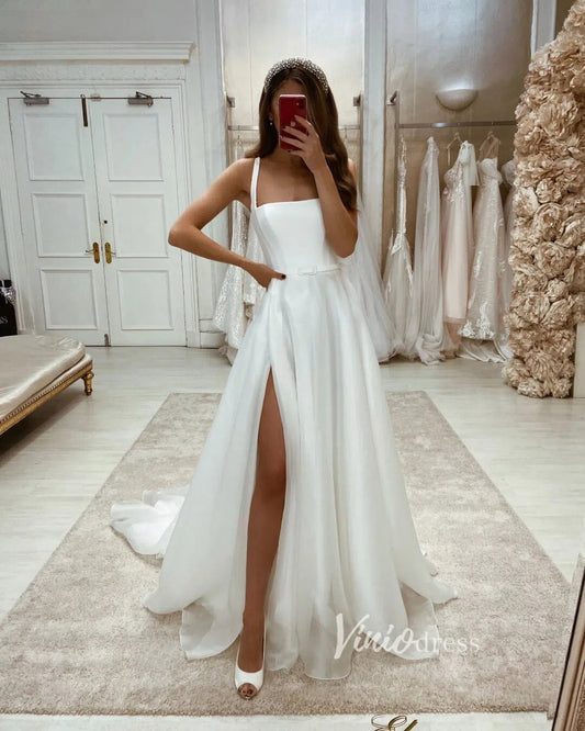 Simple Organza Wdding Dresses with High Slit VW2066-wedding dresses 2025 -Viniodress-Ivory-Custom Size-