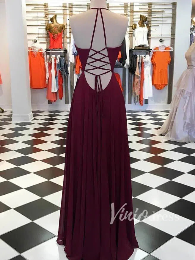 Simple Plunging V Chiffon Prom Dress with Slit Long Bridesmaid Dress FD1373-formal dresses-Viniodress-Viniodress