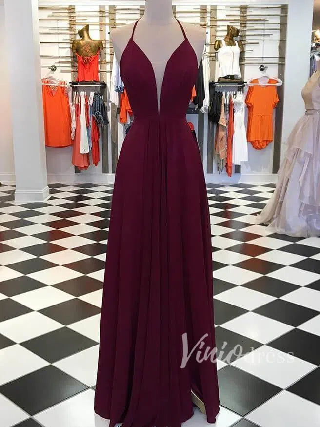 Simple Plunging V Chiffon Prom Dress with Slit Long Bridesmaid Dress FD1373-formal dresses-Viniodress-Burgundy-Custom Size-Viniodress