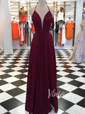 Simple Plunging V Chiffon Prom Dress with Slit Long Bridesmaid Dress FD1373-formal dresses-Viniodress-Burgundy-Custom Size-Viniodress