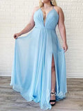 Simple Plunging V Chiffon Prom Dress with Slit Long Bridesmaid Dress FD1373-formal dresses-Viniodress-Light Blue-Custom Size-Viniodress