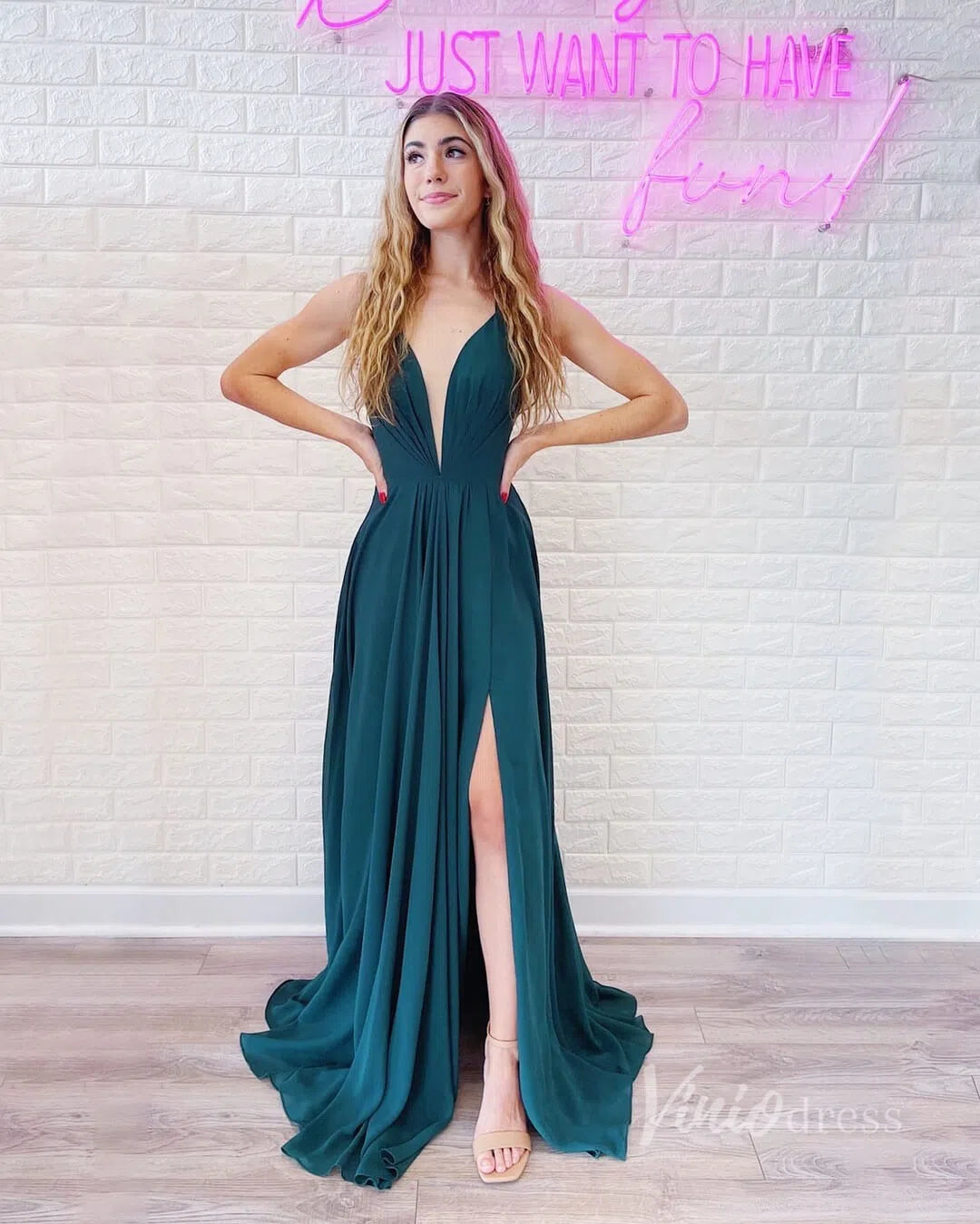 Simple Plunging V Chiffon Prom Dress with Slit Long Bridesmaid Dress FD1373-formal dresses-Viniodress-Teal-Custom Size-Viniodress