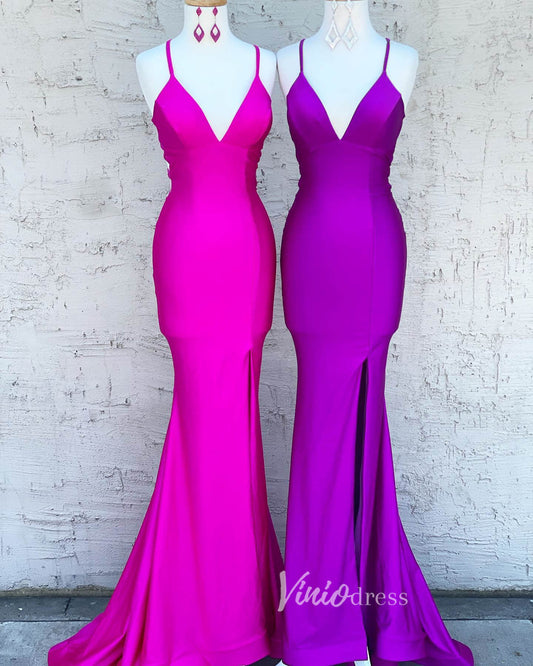 Simple Purple Prom Dresses with Slit Mermaid Spaghetti Strap Evening Dress FD3201-prom dresses 2025 -Viniodress-Purple-Custom Size-