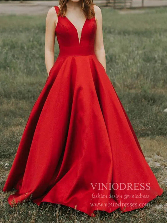 Simple Red Satin V Neck Long Prom Dresses with Pockets FD1760-prom dresses 2025 -Viniodress-Red-Custom Size-