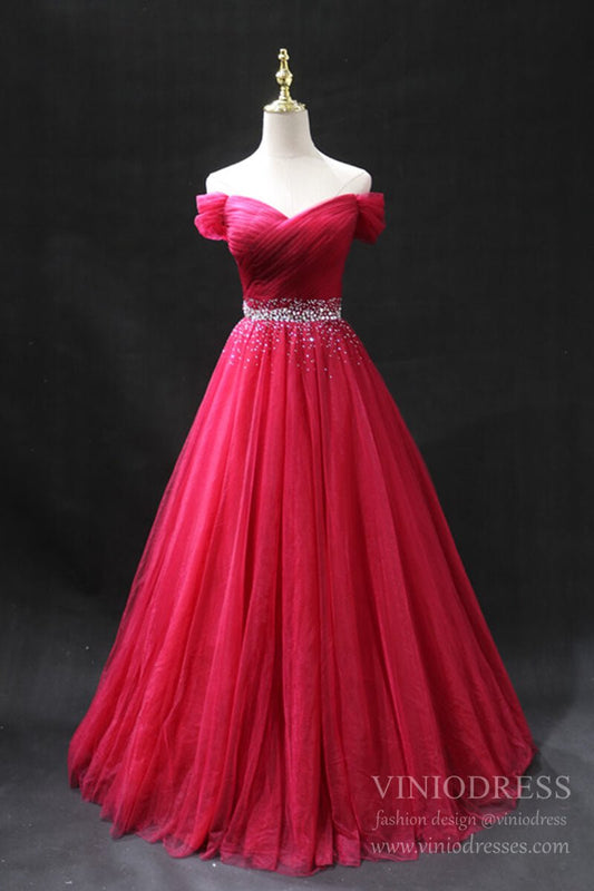 Simple Red Tulle Prom Dress Off the Shoulder Evening Gown-Prom Dresses 2025 -VINIODRESS-Red-US2-