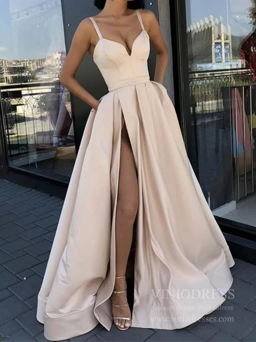 Simple Royal Blue Satin Long Prom Dresses with Pockets FD1551B-prom dresses 2025 -Viniodress-Beige-Custom Size-