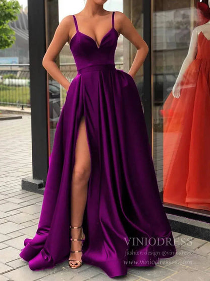 Simple Royal Blue Satin Long Prom Dresses with Pockets FD1551B-prom dresses 2025 -Viniodress-Purple-Custom Size-