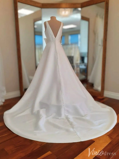 Simple Satin A-Line Wedding Dress with Deep V-Neck and Side Bow Detail – VW2536-wedding dresses 2025 -Viniodress-White-Custom Size-
