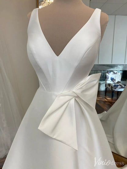 Simple Satin A-Line Wedding Dress with Deep V-Neck and Side Bow Detail – VW2536-wedding dresses 2025 -Viniodress-White-Custom Size-
