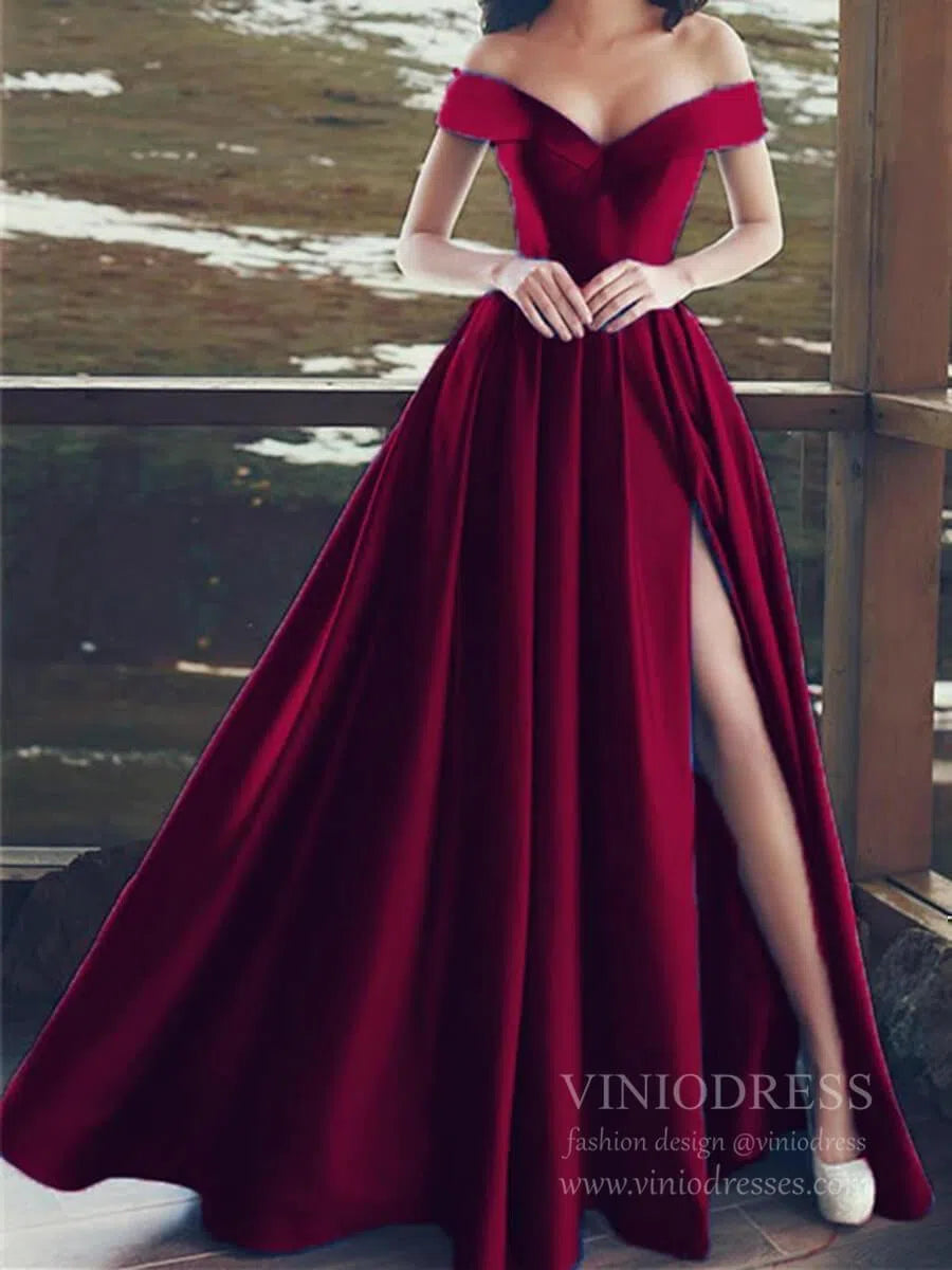 Simple Satin Emerald Green Long Prom Dresses with Slit FD1700-prom dresses 2025 -Viniodress-Burgundy-Custom Size-