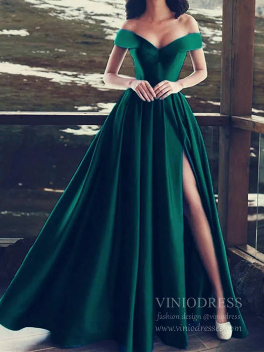 Simple Satin Emerald Green Long Prom Dresses with Slit FD1700-prom dresses 2025 -Viniodress-Emerald Green-Custom Size-
