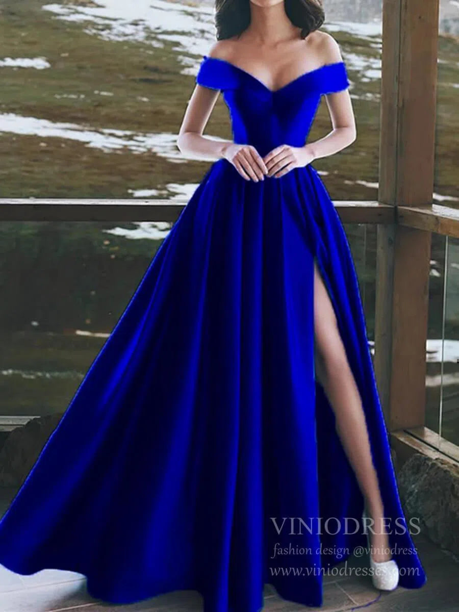 Simple Satin Emerald Green Long Prom Dresses with Slit FD1700-prom dresses 2025 -Viniodress-Royal Blue-Custom Size-