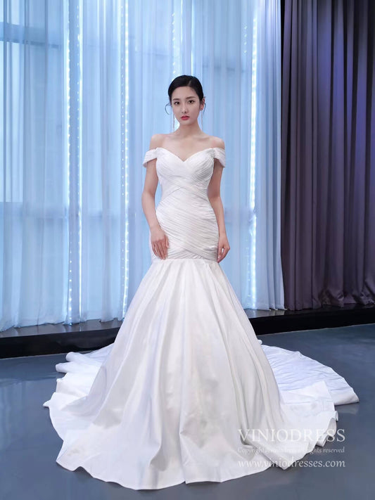 Simple Satin Mermaid Wedding Dress Off the Shoulder Trumpet Wedding Gown-wedding dresses 2025 -Viniodress-Ivory-Custom Size-