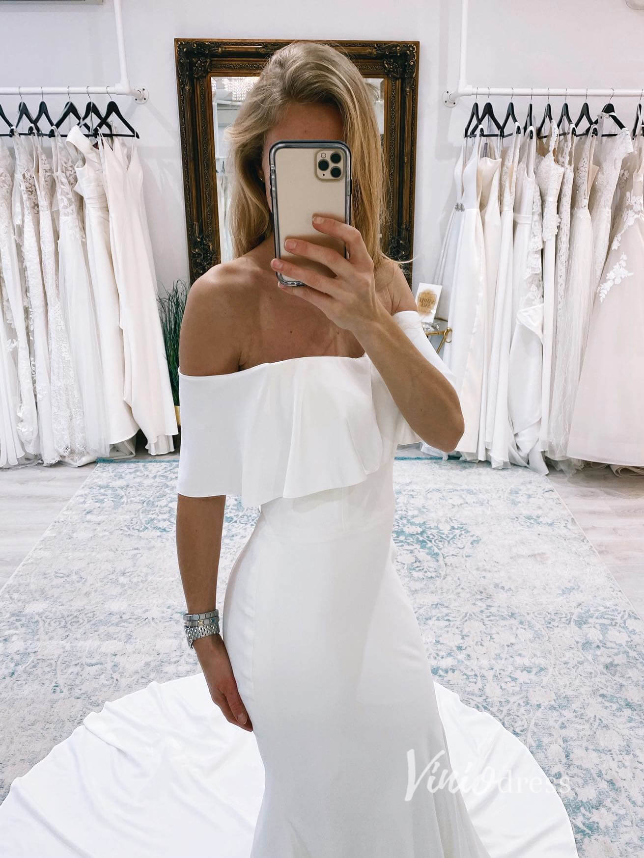 Simple Sheath Satin Wedding Dresses Off the Shoulder VW2141-wedding dresses 2025 -Viniodress-Ivory-Custom Size-